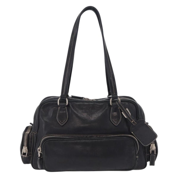 PRADA Hand Bag Leather Black Silver Auth 207680