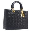 Christian Dior Cannage Lady Dior Large Hand Bag Lamb Skin Black Auth 207683V-1