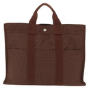 HERMES Her Line MM Hand Bag Canvas Brown Silver Auth 207690A-2