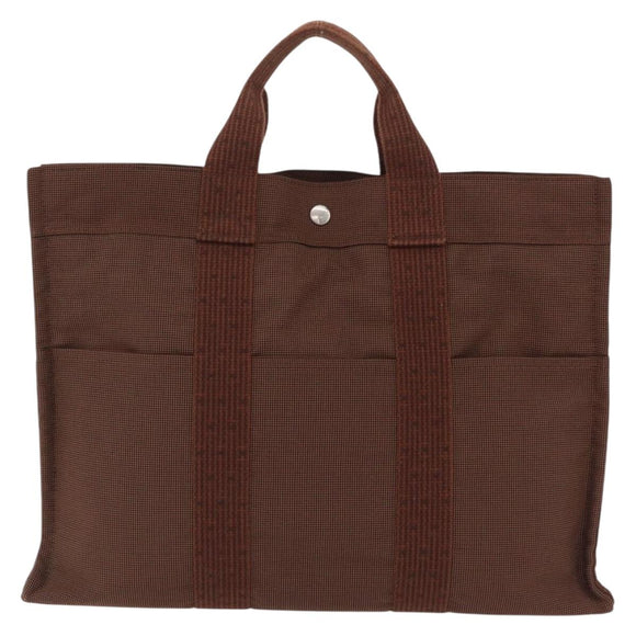 HERMES Her Line MM Hand Bag Canvas Brown Silver Auth 207690A