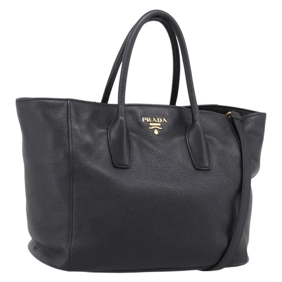 PRADA Hand Bag Leather 2way Black Gold Tone Auth 207702V