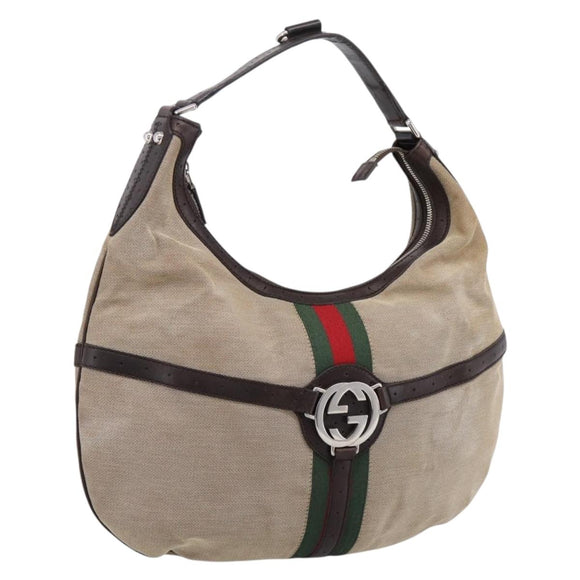 GUCCI Interlocking G Shoulder Bag Canvas Beige Silver 114871 Auth 207703