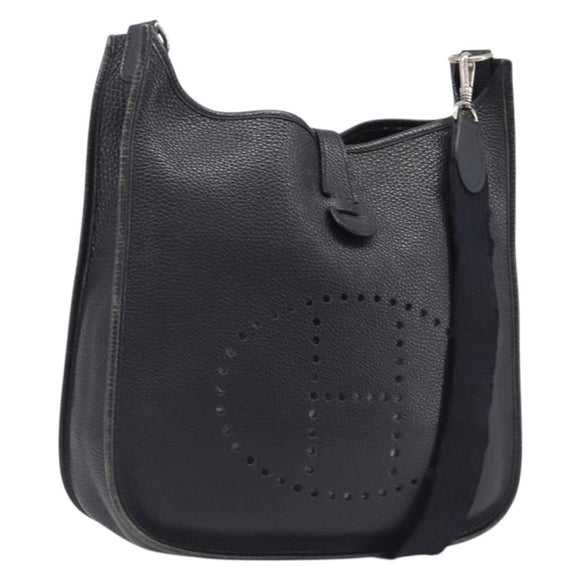 HERMES Evelyn PM Shoulder Bag Leather Black Silver Auth 207708