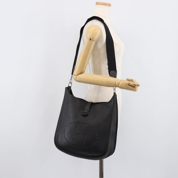 HERMES Evelyn PM Shoulder Bag Leather Black Silver Auth 207708