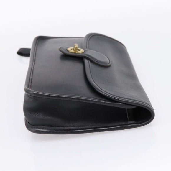 Coach Clutch Bag Leather Black Gold Tone Auth 207714