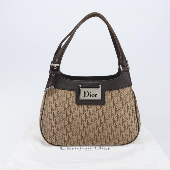 Christian Dior Trotter Canvas Hand Bag Brown Silver Auth 207724V