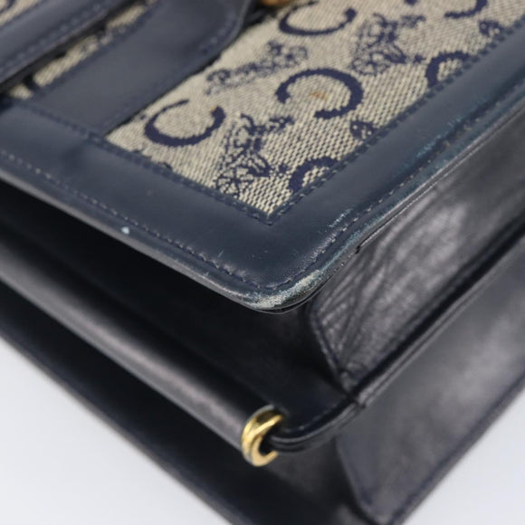 CELINE C Saluki Shoulder Bag Canvas Navy Gold Tone Auth 207727