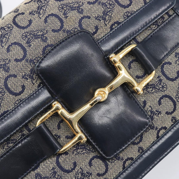 CELINE C Saluki Shoulder Bag Canvas Navy Gold Tone Auth 207727