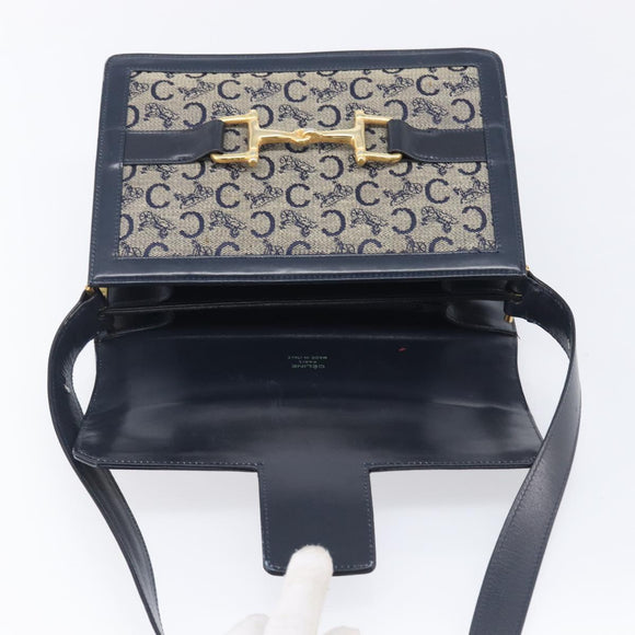 CELINE C Saluki Shoulder Bag Canvas Navy Gold Tone Auth 207727