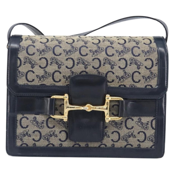 CELINE C Saluki Shoulder Bag Canvas Navy Gold Tone Auth 207727
