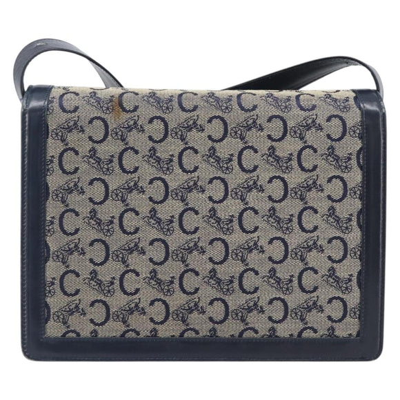 CELINE C Saluki Shoulder Bag Canvas Navy Gold Tone Auth 207727