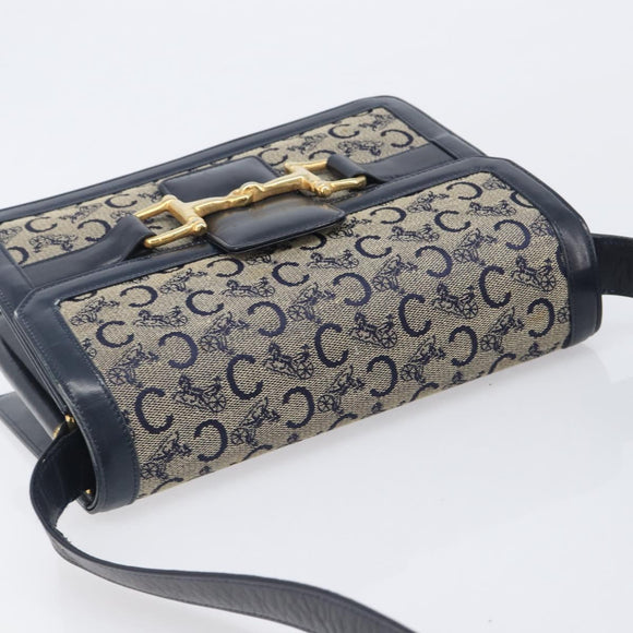 CELINE C Saluki Shoulder Bag Canvas Navy Gold Tone Auth 207727