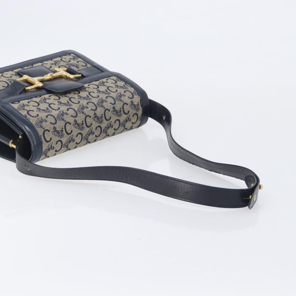 CELINE C Saluki Shoulder Bag Canvas Navy Gold Tone Auth 207727