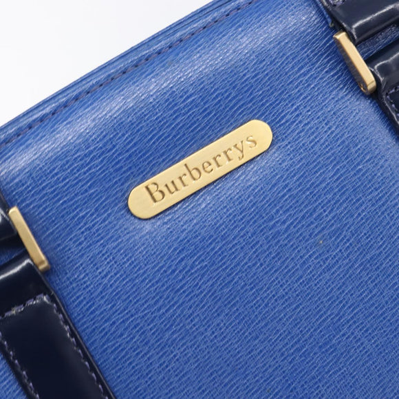 Burberrys Hand Bag Leather Blue Gold Tone Auth 207743