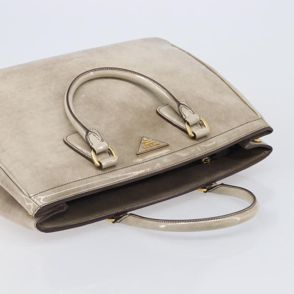 PRADA Hand Bag Patent Beige Gold Tone Auth 207746A