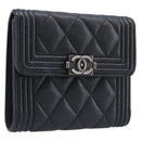 CHANEL Matelasse Compact Wallet Caviar Skin Black Silver CC Auth 207781V-1