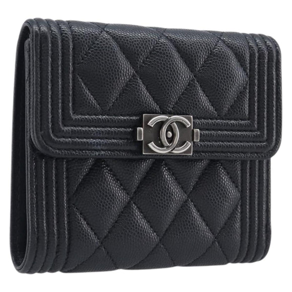 CHANEL Matelasse Compact Wallet Caviar Skin Black Silver CC Auth 207781V