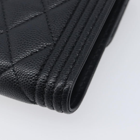 CHANEL Matelasse Compact Wallet Caviar Skin Black Silver CC Auth 207781V