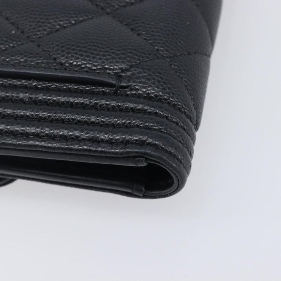 CHANEL Matelasse Compact Wallet Caviar Skin Black Silver CC Auth 207781V