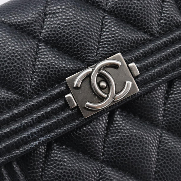 CHANEL Matelasse Compact Wallet Caviar Skin Black Silver CC Auth 207781V