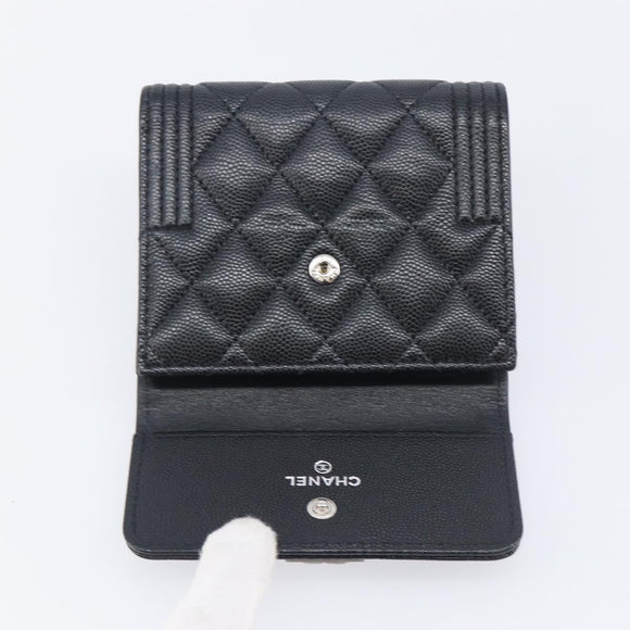 CHANEL Matelasse Compact Wallet Caviar Skin Black Silver CC Auth 207781V