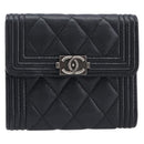 CHANEL Matelasse Compact Wallet Caviar Skin Black Silver CC Auth 207781V-2