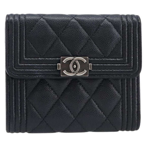 CHANEL Matelasse Compact Wallet Caviar Skin Black Silver CC Auth 207781V