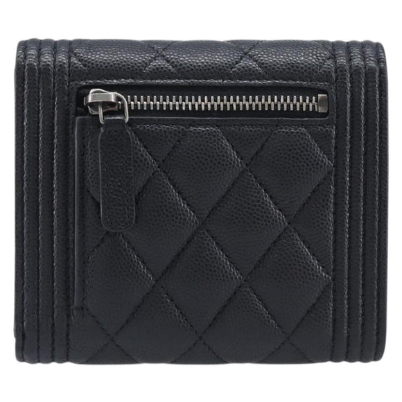 CHANEL Matelasse Compact Wallet Caviar Skin Black Silver CC Auth 207781V