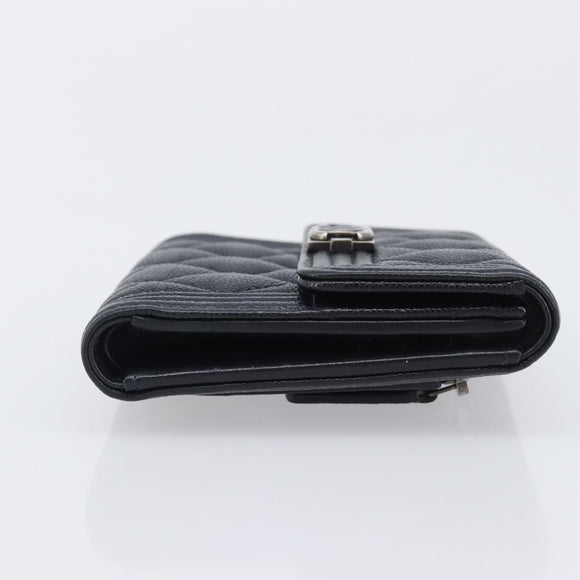 CHANEL Matelasse Compact Wallet Caviar Skin Black Silver CC Auth 207781V