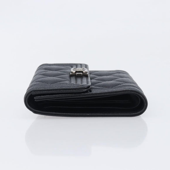 CHANEL Matelasse Compact Wallet Caviar Skin Black Silver CC Auth 207781V