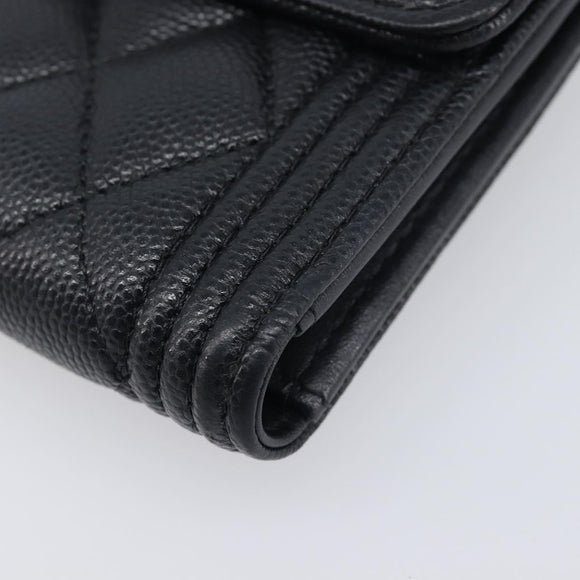 CHANEL Matelasse Compact Wallet Caviar Skin Black Silver CC Auth 207781V