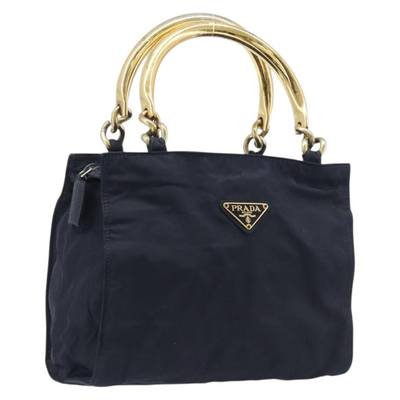 PRADA Metal Handle Hand Bag Nylon Navy Gold Auth 207805A
