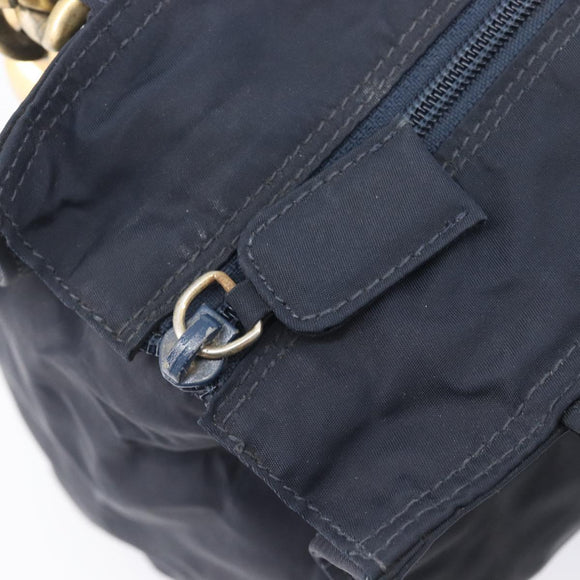 PRADA Metal Handle Hand Bag Nylon Navy Gold Auth 207805A