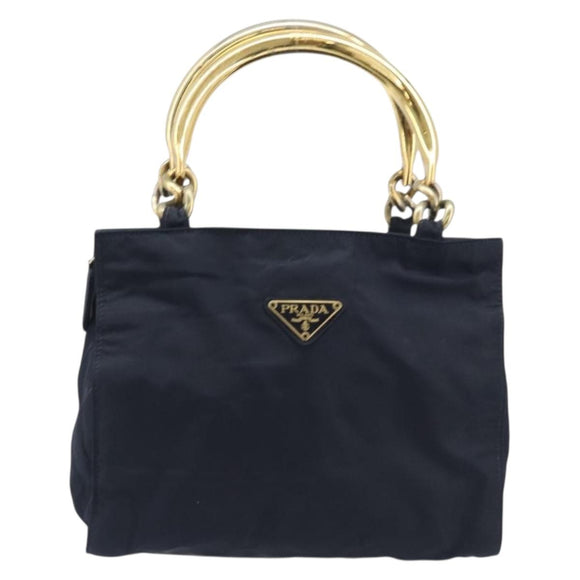 PRADA Metal Handle Hand Bag Nylon Navy Gold Auth 207805A