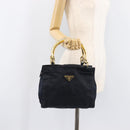 PRADA Metal Handle Hand Bag Nylon Navy Gold Auth 207805A-27