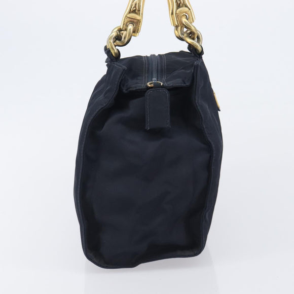 PRADA Metal Handle Hand Bag Nylon Navy Gold Auth 207805A