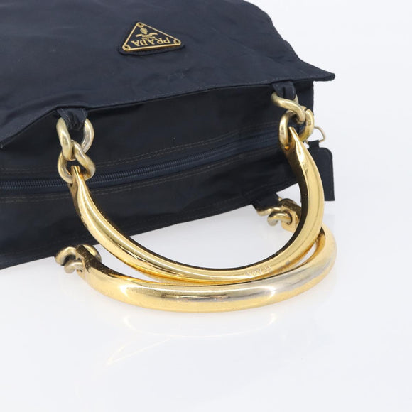PRADA Metal Handle Hand Bag Nylon Navy Gold Auth 207805A