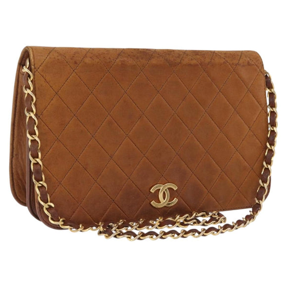 CHANEL Matelasse Chain Shoulder Bag Lamb Skin Brown Gold CC Auth 207806