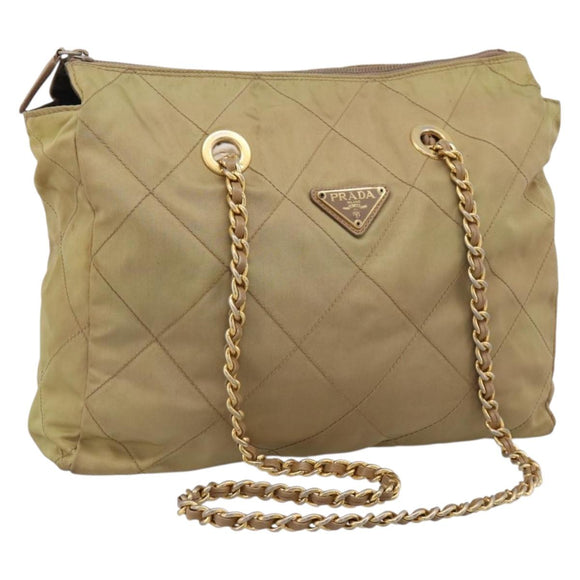 PRADA Chain Shoulder Bag Nylon Beige Gold Auth 207819A