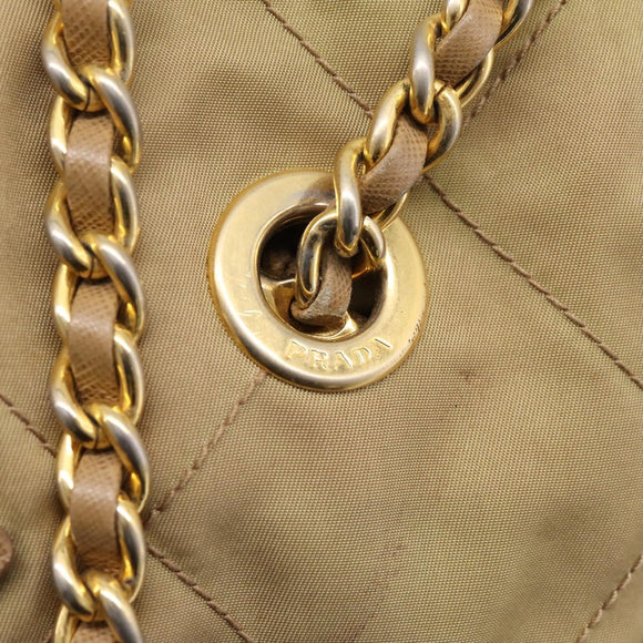 PRADA Chain Shoulder Bag Nylon Beige Gold Auth 207819A