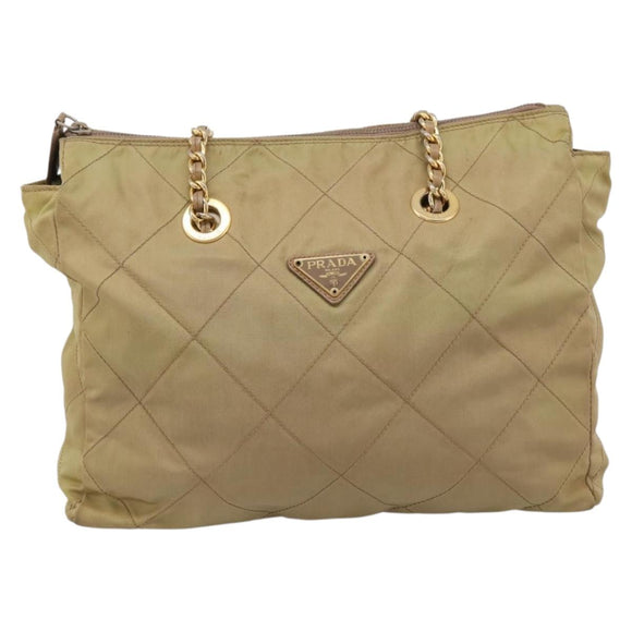PRADA Chain Shoulder Bag Nylon Beige Gold Auth 207819A