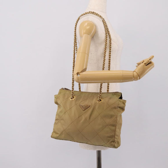 PRADA Chain Shoulder Bag Nylon Beige Gold Auth 207819A