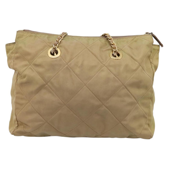 PRADA Chain Shoulder Bag Nylon Beige Gold Auth 207819A