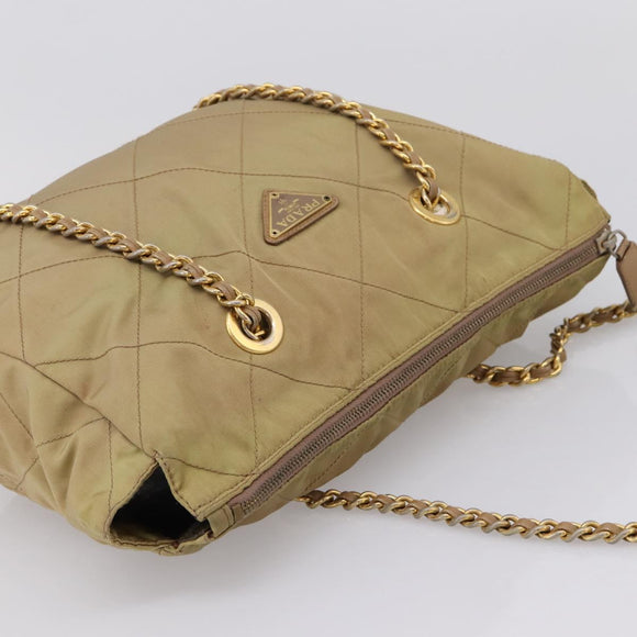 PRADA Chain Shoulder Bag Nylon Beige Gold Auth 207819A
