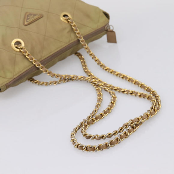 PRADA Chain Shoulder Bag Nylon Beige Gold Auth 207819A