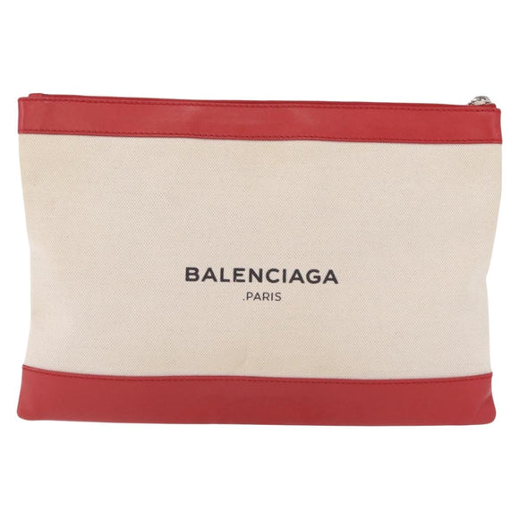 Balenciaga Navy Clip M Clutch Bag Canvas Beige Silver 373834 Auth 207852A