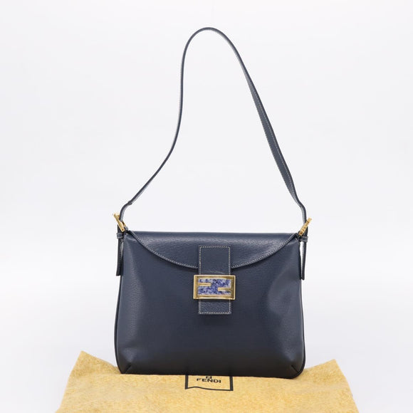 FENDI Mamma Baguette Shoulder Bag Leather Navy Gold Auth 207863SAV