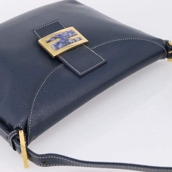 FENDI Mamma Baguette Shoulder Bag Leather Navy Gold Auth 207863SAV