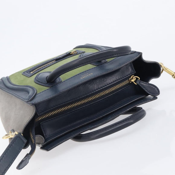 CELINE Luggage Nano Shopper Hand Bag Leather 2way Navy Gold Auth 207866A