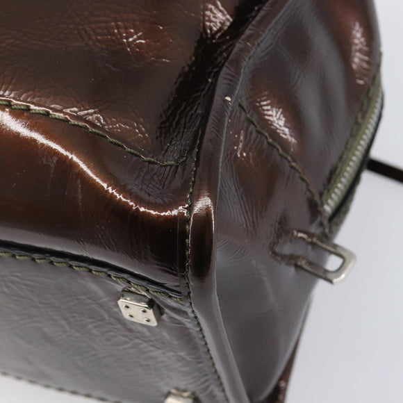 LOEWE Amazona 28 Hand Bag Patent Brown Silver Auth 207870A